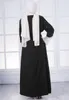 Casual Jurken 2021 Moslim Zwart en Wit Kleur Bijpassende Kant Pearl Cardigan Robe Mode Solid Ronde hals Lange Mouwen Jurk