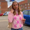 アーガイルの幾何学的ニットスイートピンクのセーター女性秋の暖かいタートルネック長袖ビンテージチェック柄プルオーバートップスジャンパー210510