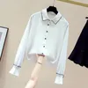 Moda coreana Mujeres Oficina Lady Polo Collar Ropa Camisa de gasa suelta Tops elegantes Tops de manga larga y blusa 11225 210521