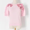 Söt färsk båge pärlor rosa tunna pullovers kvinnor elegant puff ärm sommar tröja mode kontor dam kvinna toppar 210525