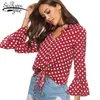 Cuello en V Botón de una sola fila Camisa de dama Moda de primavera Mujeres Camisas de manga larga dulce Tops de vino negro y rojo 3348 50 210521