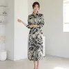 エレガントなプリントマキシ韓国レディース長袖セクシーパーティーシャツドレス女性服210602