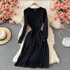 Autumn winter waist temperament long-sleeved bottoming sweater dress fashion oneck elegant black pleated knitted dress womens Y1204