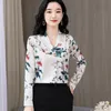 Koreanische Frauen Seide Hemd Blusen Frau Satin Floral Bluse Hemden Langarm Tops Drucken Top Plus Größe 210427