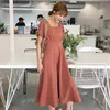 Koreanische Frauen Sommer Kleid Solide Hohe Taille Quadrat Kragen Kurzarm für Casual Lose Maxi es Vestido 14140 210508