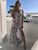 Damskie stroje kąpielowe 2021 Summer Beach Maxi Dress Women Floral Print Boho Long Szyfonowe falbany Wrap Casual V-dół Split Sexy Party Saata