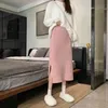 Surmiitro mode herfst winter midi lange gebreide rok vrouwen koreaanse stijl roze zwarte spleet hoge taille potlood rok vrouw 210712