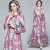 Kobiety Spring Designer Elegancki Purpurowy Szyfonowy Maxi Dress Moda Party Robe Femme Vintage Kwiatowy Druku Wakacje Suknie Vestidos 210525