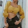 Cotton Yellow Spring Summer Crop Shirt Top Square Collar Bandage Sexy Long Sleeve Women Blouse Feminina Puff Sleeve Shirts 210514