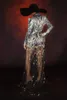 Diamond Blazers Women Stage Draag elegante stijlvolle bedrukte strass Mesh Tailing Slim Coat Bar zanger Star Evening Party Catwalk kostuum verjaardag kristaljurk