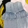 Vintage solide Denim robe pour femmes Slash cou sans manches taille haute Patchwork Mini robes femmes été élégant 210520