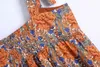ビンテージVネックノースリーブ女性スリングドレス新鮮な牧歌的なスタイルステッチ印刷ホリデースタイルのシックな女性のMidiドレス210507