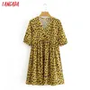 Tangada Summer Women Leopard Print A-Line Dress Puff Short Sleeve Ladies Mini Dress Vestidos 2L31 210609