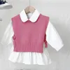 Meninas da primavera vestido colete de bebê outono coreano em volta do pescoço de malha de malha de lã fina crianças pulôver criança roupas para 1-5Y 210515