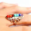 Natural Gemstone 7 Colors Chakras With Side Stones Exaggeration Rings Indian Yoga Chakra Hollow Flower Pattern Adjustable Alloy Ring Religious Reiki Heal Jewelry