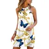 DIY 드레스 섹시한 끈이없는 둥근 목 멜빵 민소매 라인 드레스 여성 여름 짧은 치마 플래그 체인 꽃 프린트 스커트