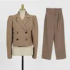 Hohe Qualität Formale Büro Frauen Anzüge Herbst Zweireiher Kerb Arbeit Mantel + Mode Hohe Taille OL Hosen Formale 2 PC Set 210518