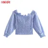 Tangada Women Retro Blue Palid Pleated Off Shoulder Blouse Shirt Puff Long Sleeve Chic Female Shirt Tops 3H454 210609