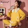 Navy Lapel Kawaii Pj Cotton Korean Style Fashion Pajamas for Young Ladies Teenager Student Girls Autumn Winter Home Clothing 211118