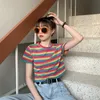 Manga Curta Impresso Rainbow Camiseta Mulheres Listrado Sweet Colheita Top Verão Solto Coreano Lazer Lazer Meninas T-shirt Sexy Streetwear Ulzzang Bonito Mulheres