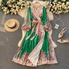 NAPOE Vintage Baskı Tatil Bohemian Elbise Kadınlar Yüksek Bel Kalça Sashes Bir Çizgi Uzun Vestidos V Boyun Uzun Kollu Robe Slim X0705