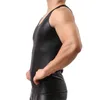 Mens Tank Tops PU Läder Ärmlös Sommar Fitness Sport Bodybuilding Black Undershirts Casual Latex Clubwear Plus Size 210623