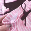 Rosa listrado pijamas de seda cetim femme conjunto de pijama 7 peças ponto lingerie robe pijamas feminino pijamas sh190905263a