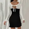 Sexy Bodycon Dress Women Spring Autumn Square Neck Color Matching Long Sleeve Ruffle es Fashion Backless Lace Up Mini 210526