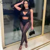 Cutenew Sexy Net Yarn See Through Two Piece Set Women Outfits SleevelBra Top+Skinny Pants Suit Solid Midnight Party Clubwear X0709