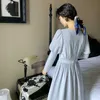 French Full Sleeve Long Fairy Dress Retro Bow Women Casual Puff Fall Korean Lady Party Wedding Robe 210604