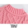 TRAF Women Sweet Fashion CabLe Knitted Cropped Vest Sweater Vintage High Neck Sleeveless Female Waistcoat Chic Tops 211008