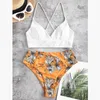 Kvinnors badkläder 2st kvinnor baddräkter bikini set push-up vadderad topp hög midja blomma tryck split plus size thong sexig strandkläder 2021