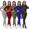 Real Pos Women Solid Ruffles Två Piece Sets Lady Casual O-Neck Full Sleeve Lace-up T-shirts + Hög midja Penna Byxor Outfits 210525