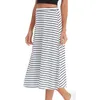 De boa qualidade Stripe saia de algodão casual solta mid-bezerro mulheres saias M30179 210526