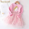 Niedźwiedź Leader Girls Casual Cartoon Cute Sukienki Jesienią Dziewczyna Cekinowa Dress Kids Siatki Kostiumy Dzieci Odzież 210708