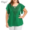 Plegie Plus Size Lace Platwork Shirt Tops and Blouses Short Size Big Blusas Femininas Blusas Mujer de Moda 210326