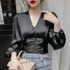 Taille Dünne Puff Sleeve V-ausschnitt Koreanischen Stil Bluse Frauen Schwarz Weiße Dünne Elegante Shirt Frauen Tops Blusas Mujer De Moda kleidung