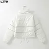 Fashion PU fabric Parkas reflective stripes Short stand-up collar jacket coat Thicken Warm Loose Outerwear Winter 210427