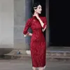 Ethnic Clothing Lace Sexy Sheath Qipao Women Mid-length Dress Gown Mandarin Collar Tassel Cheongsam Vintage Button Chinese Traditional Vesti