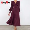 Beige Single Breasted Sexy Dress Party Clud High Waist Satin Long Elegant V Neck Women Midi es Lantern Sleeve 210428