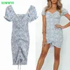 Blå Floral Bodycon Mini Dress Kvinnor Eleganta Klänningar Baklösa Elastiska Pläterad Kvinna Kort Puff Sleeve Party ES 210430