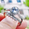 Wedding Rings Paired Silver Color Lake Blue CZ Crystal Set For Women Princess Promise Party Engagement Couple Ring Jewelry Gift9955730