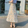 Zomer Mode Bloemen Gedrukt Midi Rokken Voor Vrouw Leuke Zoete Voering Vintage Pink Faldas Long Casual Saias Mujer 210506