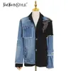 Twotwinstyle Casual Nieregularny Patchwork Diamond Kurtka Dla Kobiet Lapel Z Długim Rękawem Denim Kurtki Kobiet Moda Odzież 210517