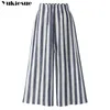 Sommar bomullslinne Striped Kvinnor Byxor Capris High Waist Wide Ben Byxor För Kvinnor Byxor Kvinna Byxor Kvinna Plus Storlek 5xl 210519