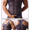 Sexy voir à travers maille débardeurs hommes sans manches ajusté blanc Muscle haut mâle Transparent Perspective résille sous-vêtement 210522