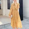 Elbise Kadın Bahar Flare Kol Ruffles Baskı A-Line Şifon İmparatorluğu Yay Zarif Elbise Çiçek Vintage 8550 50 210427