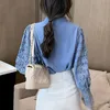 Korean Lace Stitching Shirt Spring Chic Hollow Flower Buttons Ladies Top Sweet Stand Collar Long Sleeve Blouse Women 12948 210427