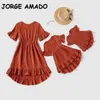 Summer Family Matching Clothing 3pcs Sets Mother Daughter Baby Holiday Clothes Bodysuit Dress Ruffle E021 210610