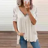 Zomer Casual Patchwork Tee Shirts Vrouwen Elegante Borduurwerk Kant Tops Dames Sexy Low-Cut V-hals Rits Loose Pullovers Dames T-shirt